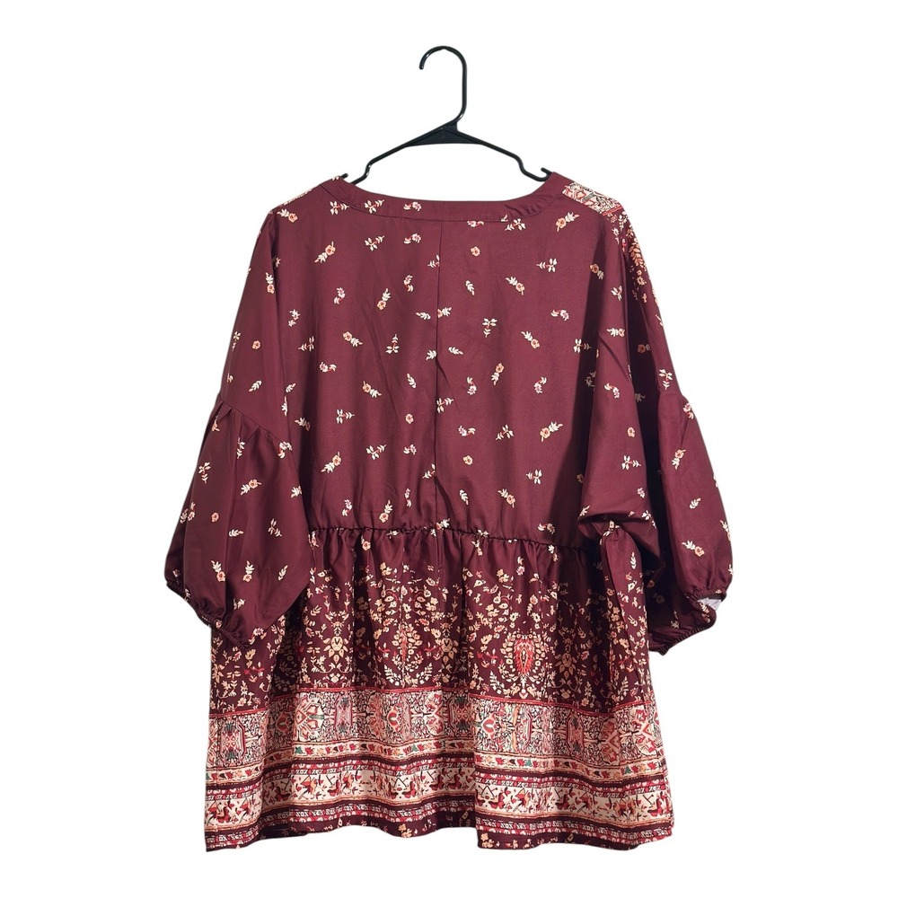 BloomChic Burgundy Boho Floral Babydoll Tunic Top Puff Sleeve Plus SZ 18-20 NWT - Picture 2 of 8